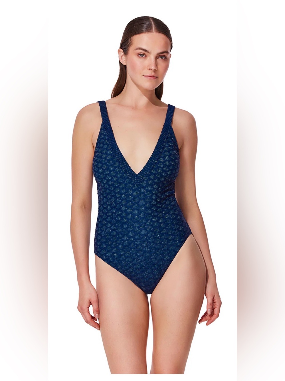 GOTTEX SCALED UP DEEP V KNIT ONE PIECE -NAVY /TURQ NWT SIZE 10 DELICATE